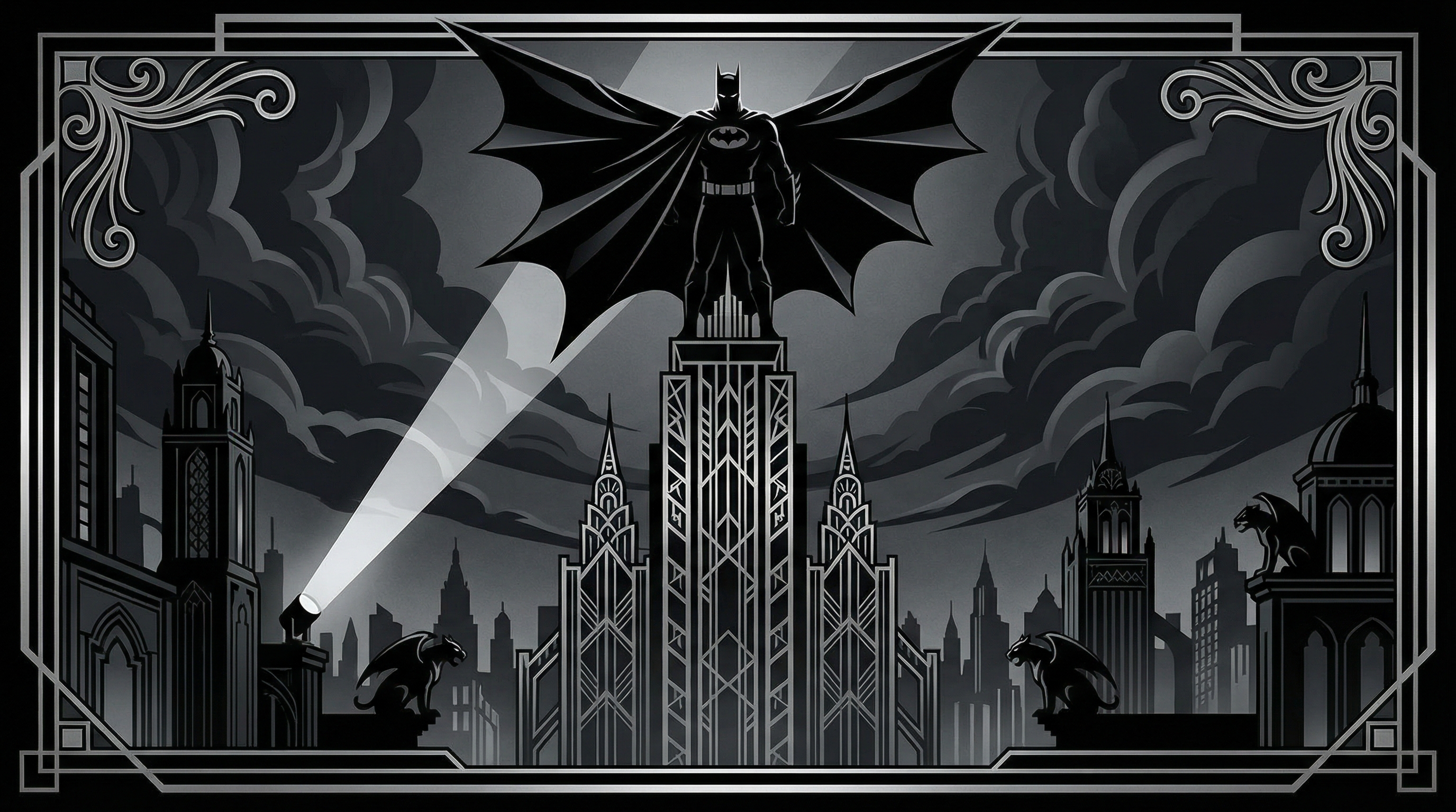 Art deco Batman silhouette over Gotham City